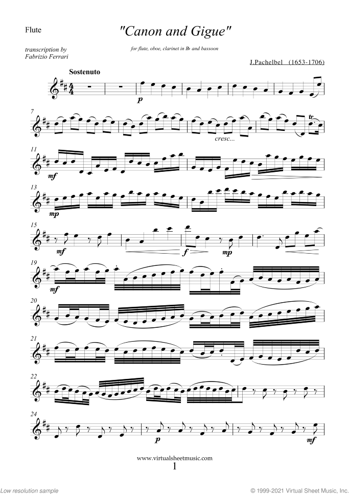 Canon in D and Gigue sheet music for wind quartet (2) by Johann Pachelbel, classical wedding score, intermediate skill level