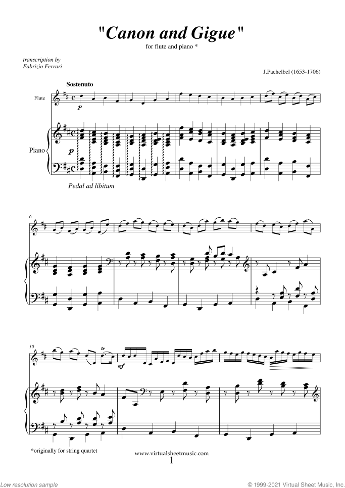Canon in D and Gigue sheet music for flute and piano by Johann Pachelbel, classical wedding score, intermediate/advanced skill level