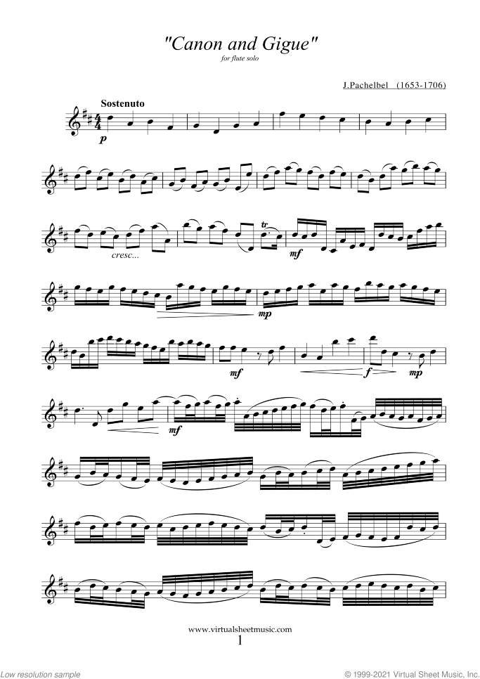 Canon in D and Gigue sheet music for flute solo by Johann Pachelbel, classical wedding score, intermediate skill level
