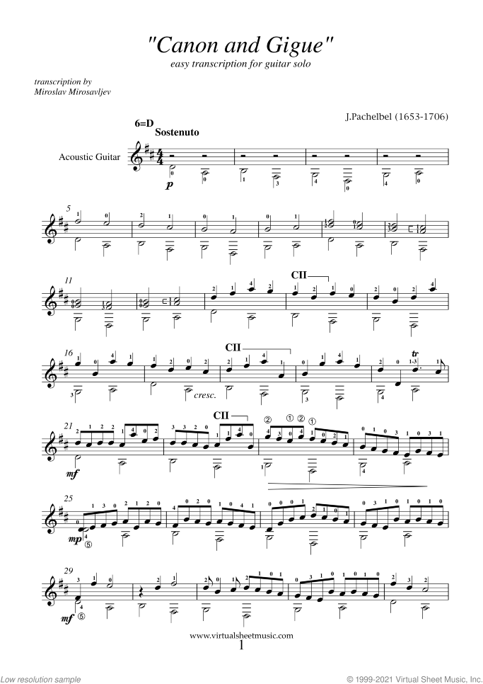 Canon in D and Gigue sheet music for guitar solo by Johann Pachelbel, classical wedding score, easy skill level