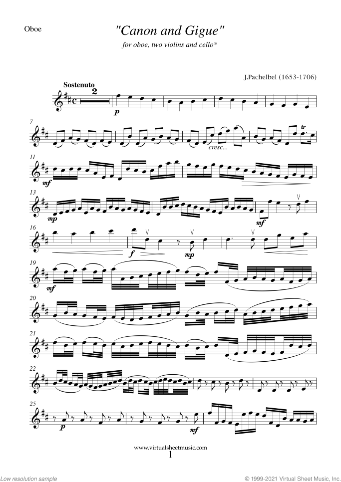 Canon in D and Gigue (parts) sheet music for oboe, two violins and cello by Johann Pachelbel, classical wedding score, intermediate skill level