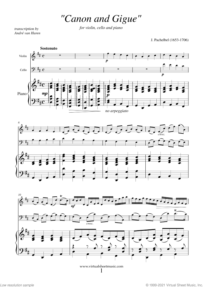 Canon in D and Gigue sheet music for violin, cello and piano by Johann Pachelbel, classical wedding score, intermediate/advanced skill level
