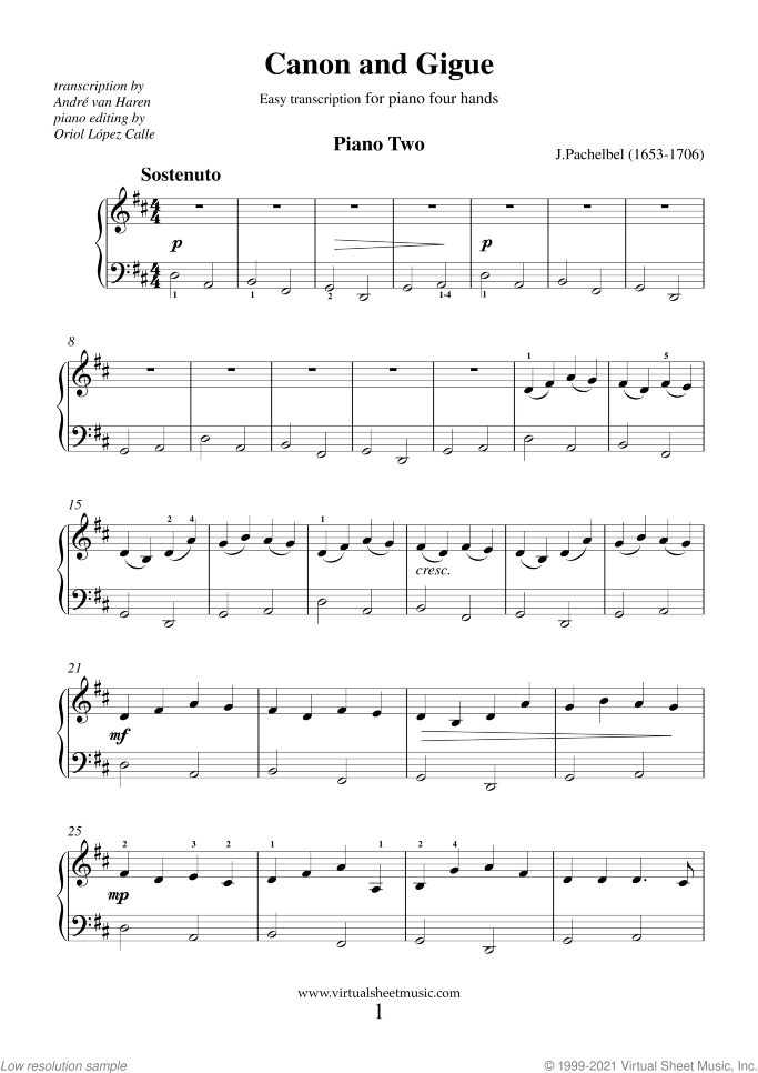 Canon In D Sheet Music For Piano Four Hands (Pdf-Interactive)