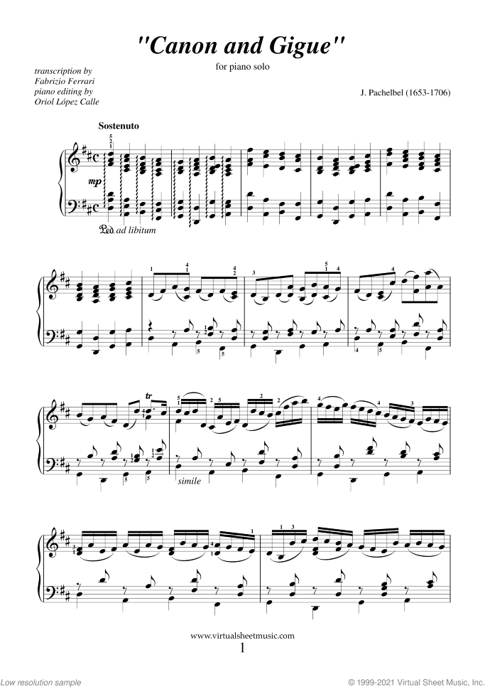 Canon In D Sheet Music For Piano Solo (Advanced Version) (Pdf)
