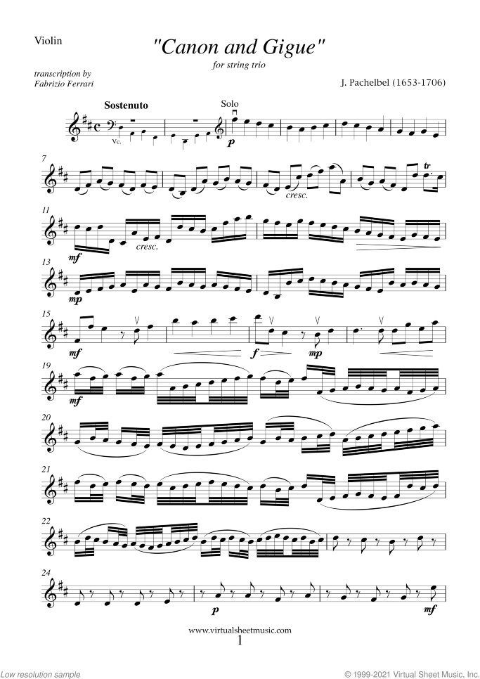Canon in D and Gigue (parts) sheet music for string trio by Johann Pachelbel, classical wedding score, intermediate skill level