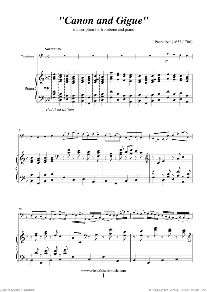 Canon in D and Gigue sheet music for trombone and piano by Johann Pachelbel, classical wedding score, intermediate/advanced skill level