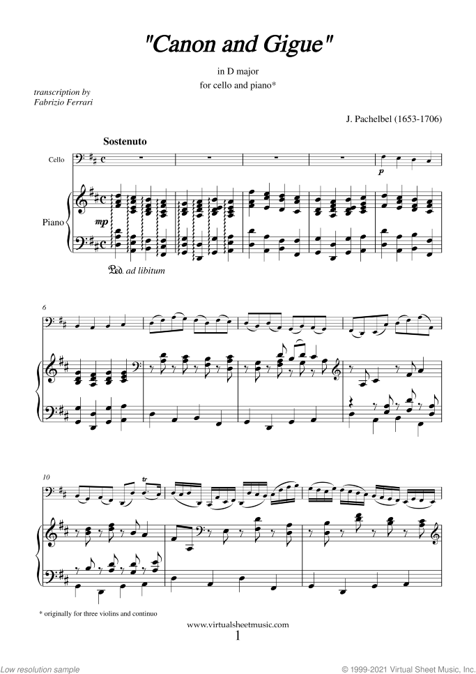 Canon in D and Gigue (NEW EDITION) sheet music for cello and piano by Johann Pachelbel, classical wedding score, intermediate/advanced skill level