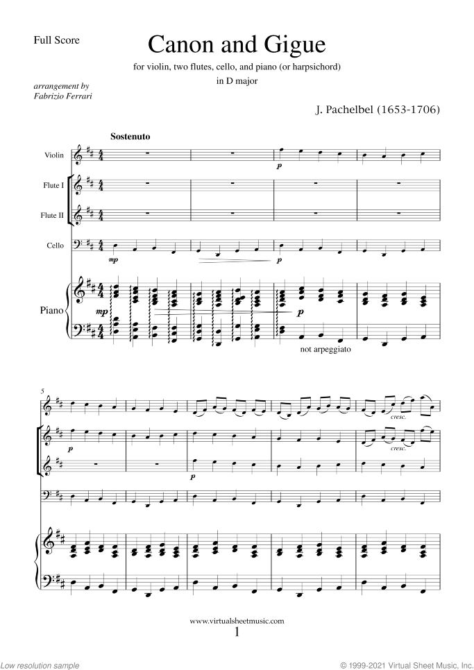 Canon in D and Gigue (NEW EDITION) sheet music for vl, 2 fl, vc and piano (or harpsichord) by Johann Pachelbel, classical wedding score, intermediate skill level