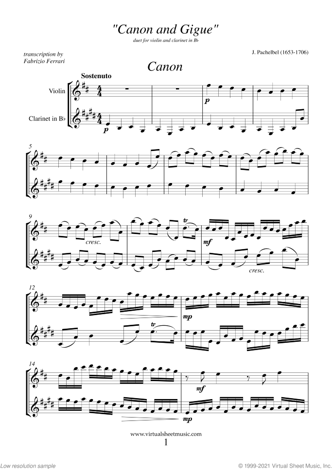 Canon in D and Gigue sheet music for violin and clarinet by Johann Pachelbel, classical wedding score, intermediate duet
