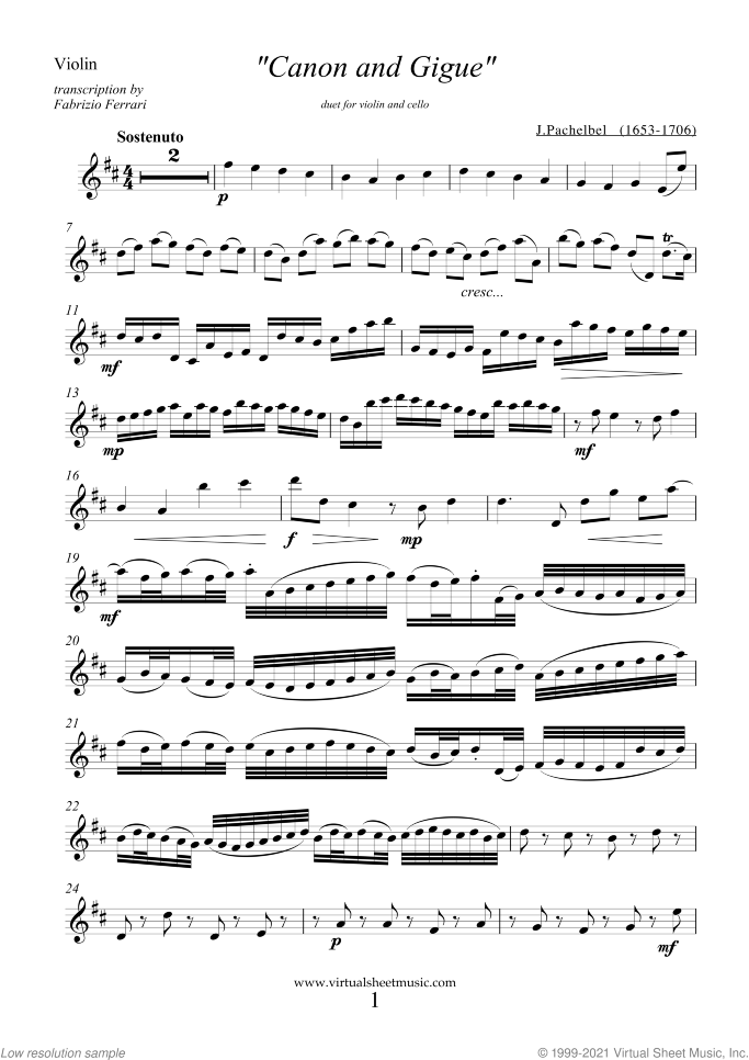 Canon in D and Gigue sheet music for violin and cello by Johann Pachelbel, classical wedding score, intermediate/advanced duet
