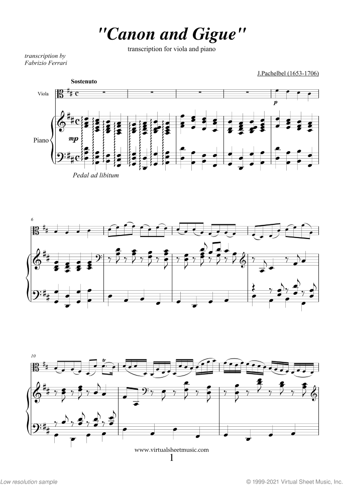 Canon in D and Gigue sheet music for viola and piano by Johann Pachelbel, classical wedding score, intermediate/advanced skill level