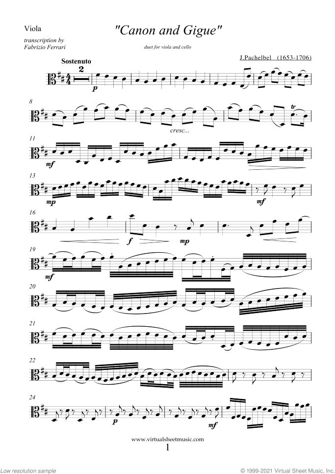Canon in D and Gigue sheet music for viola and cello by Johann Pachelbel, classical wedding score, intermediate/advanced duet