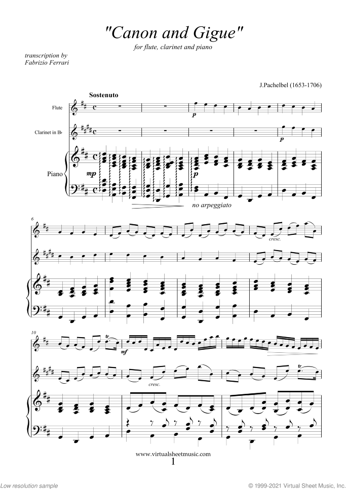 Canon in D and Gigue sheet music for flute, clarinet and piano by Johann Pachelbel, classical wedding score, intermediate skill level