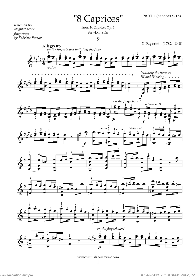 Caprices Op.1 sheet music for violin solo by Nicolo Paganini, classical score, advanced skill level