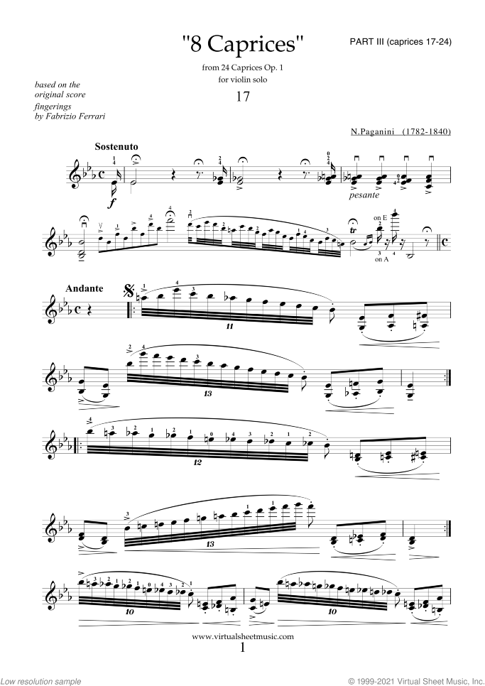 Caprices Op.1 sheet music for violin solo by Nicolo Paganini, classical score, advanced skill level