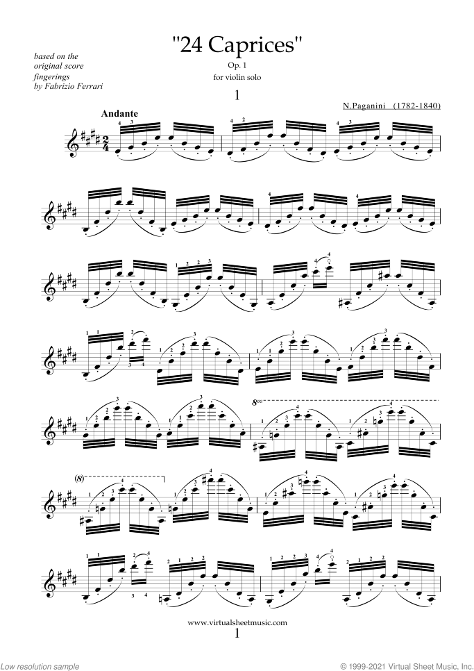Caprices Op.1 (COMPLETE) sheet music for violin solo by Nicolo Paganini, classical score, advanced skill level