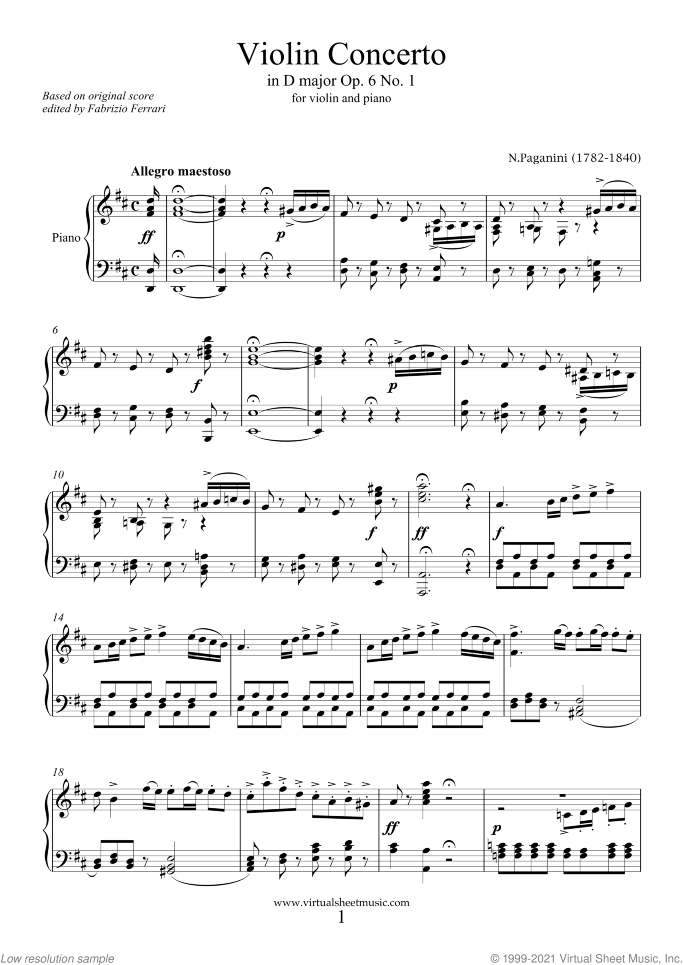 Concerto op.6 no.1 sheet music for violin and piano by Nicolo Paganini, classical score, advanced skill level