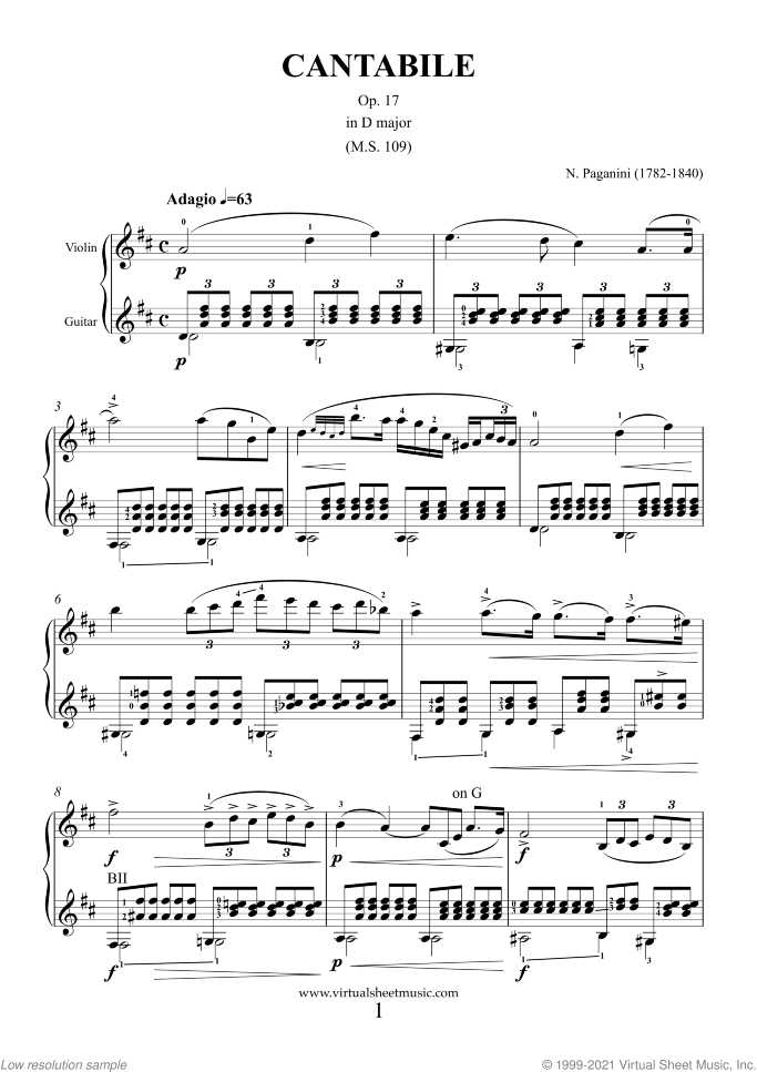 Cantabile Op. 17 in D major sheet music for violin and guitar by Nicolo Paganini, classical score, intermediate duet