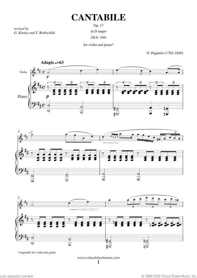 Cantabile Op. 17 in D major sheet music for violin and piano by Nicolo Paganini, classical score, intermediate skill level