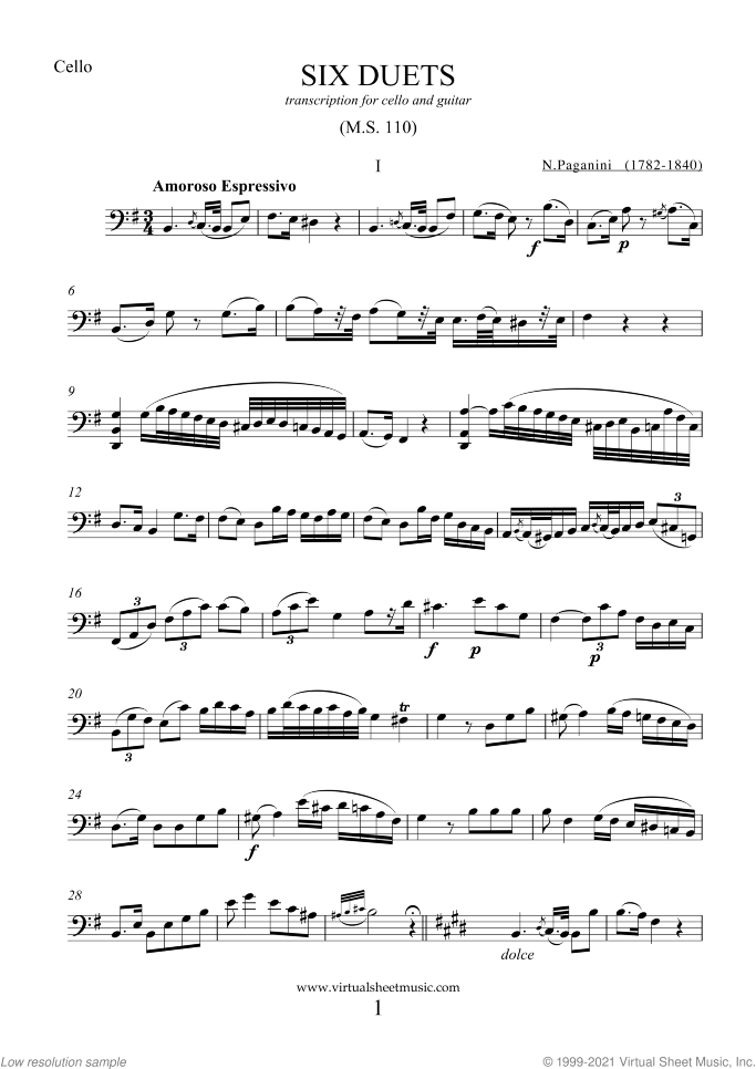 Six Duets sheet music for cello and guitar by Nicolo Paganini, classical score, intermediate duet