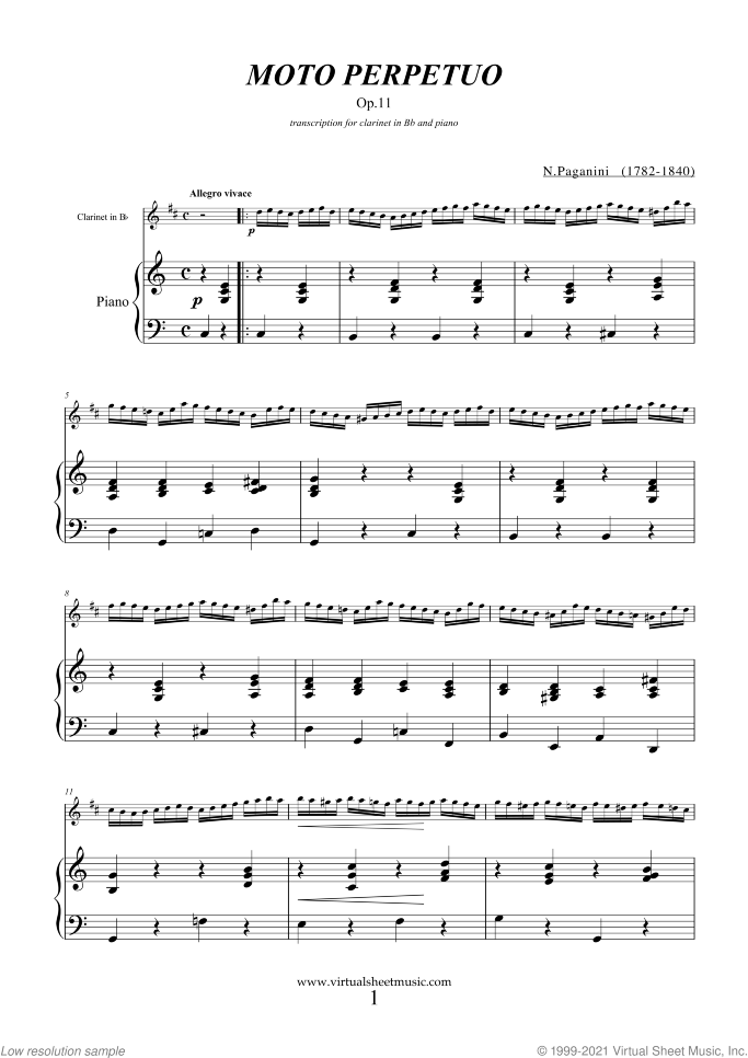 Moto Perpetuo sheet music for clarinet and piano by Nicolo Paganini, classical score, intermediate skill level