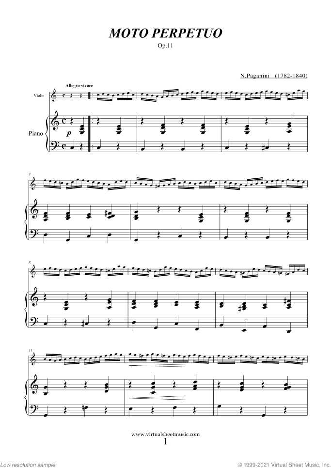 Moto Perpetuo sheet music for violin and piano by Nicolo Paganini, classical score, intermediate skill level