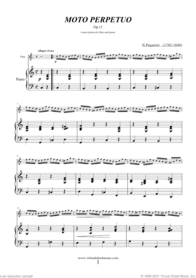 Moto Perpetuo sheet music for flute and piano by Nicolo Paganini, classical score, intermediate skill level
