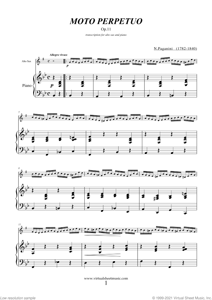 Moto Perpetuo sheet music for alto saxophone and piano by Nicolo Paganini, classical score, intermediate skill level