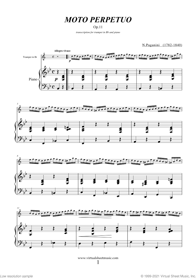 Moto Perpetuo sheet music for trumpet and piano by Nicolo Paganini, classical score, intermediate skill level
