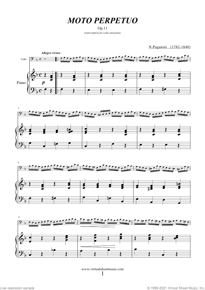 Moto Perpetuo sheet music for cello and piano by Nicolo Paganini, classical score, intermediate skill level