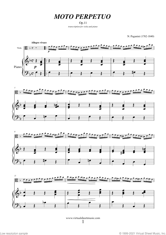 Moto Perpetuo sheet music for viola and piano by Nicolo Paganini, classical score, intermediate skill level