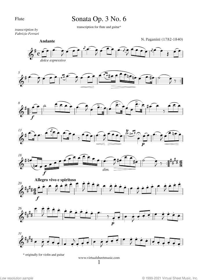 Sonata Op.3 No.6 sheet music for flute and guitar by Nicolo Paganini, classical score, intermediate duet