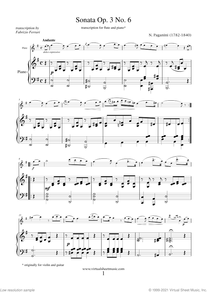Sonata op.3 no.6 sheet music for flute and piano by Nicolo Paganini, classical score, intermediate skill level