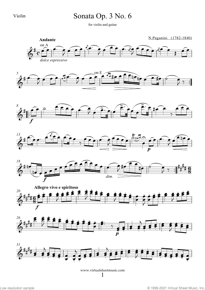 Sonata Op.3 No.6 sheet music for violin and guitar by Nicolo Paganini, classical score, intermediate duet