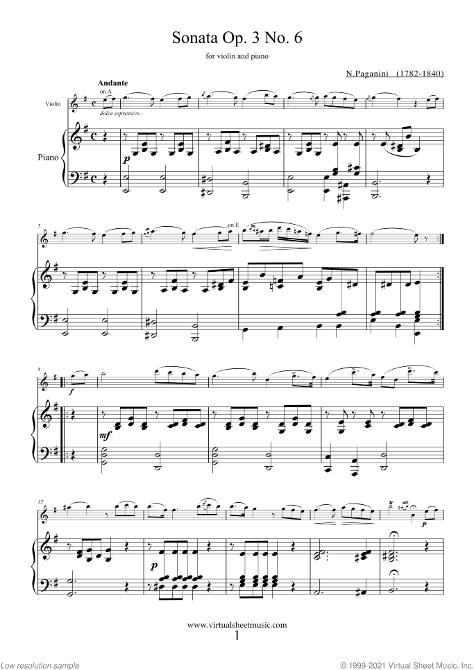 Sonata op.3 no.6 sheet music for violin and piano by Nicolo Paganini, classical score, intermediate skill level