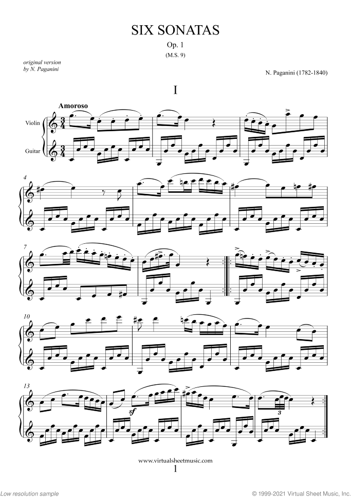 Sonatas Op.1 sheet music for violin and guitar by Nicolo Paganini, classical score, intermediate duet