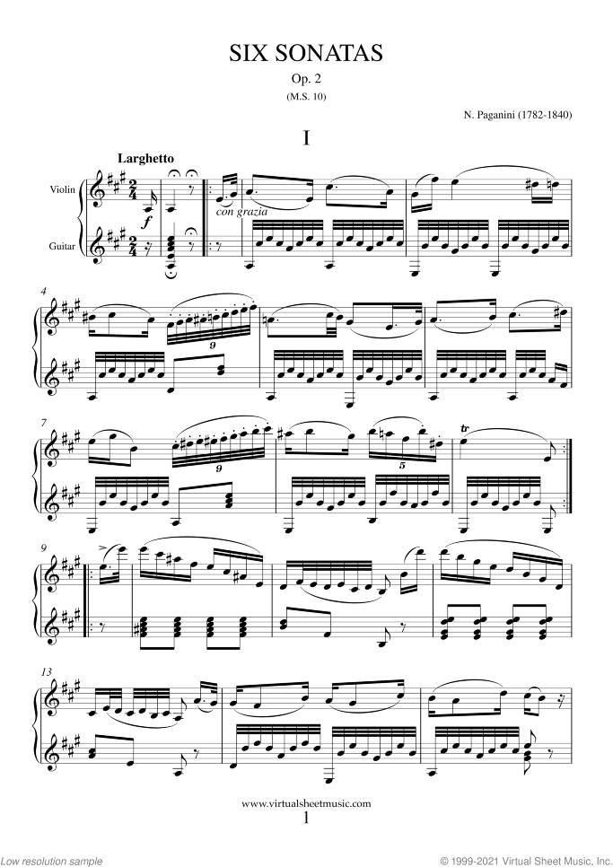Sonatas Op.2 sheet music for violin and guitar by Nicolo Paganini, classical score, intermediate duet