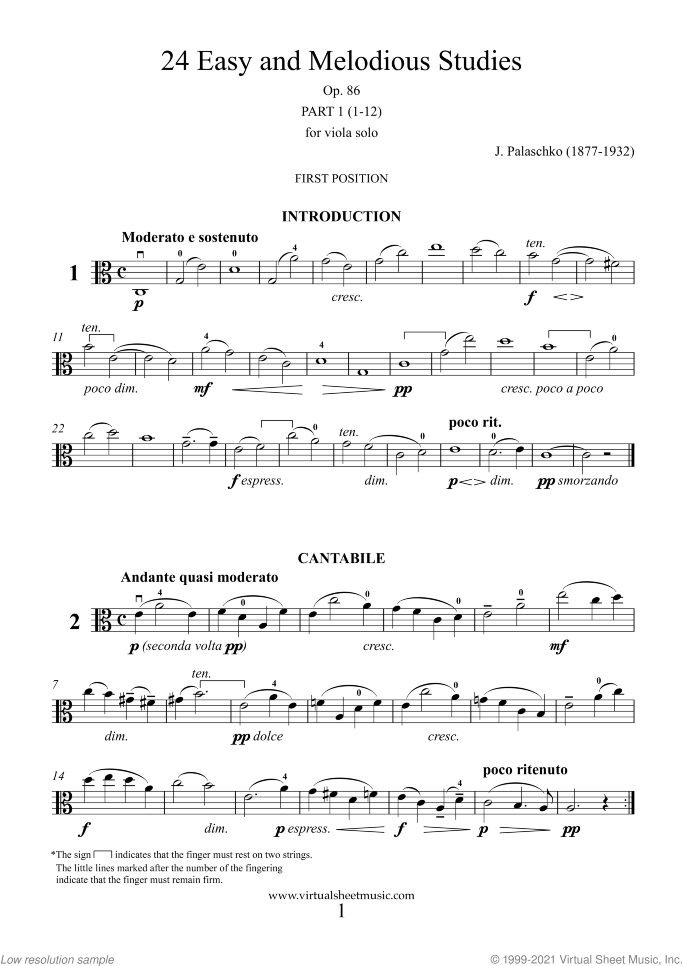 Easy and Melodious Studies sheet music for viola solo by Johannes Palaschko, classical score, intermediate/advanced skill level