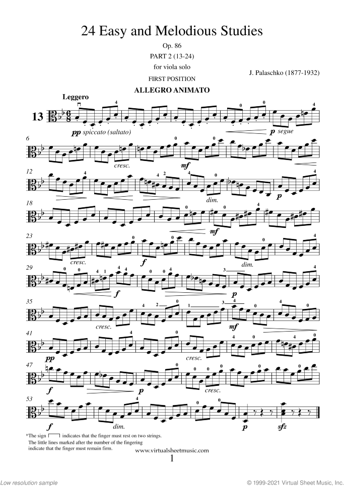 Easy and Melodious Studies sheet music for viola solo by Johannes Palaschko, classical score, intermediate/advanced skill level
