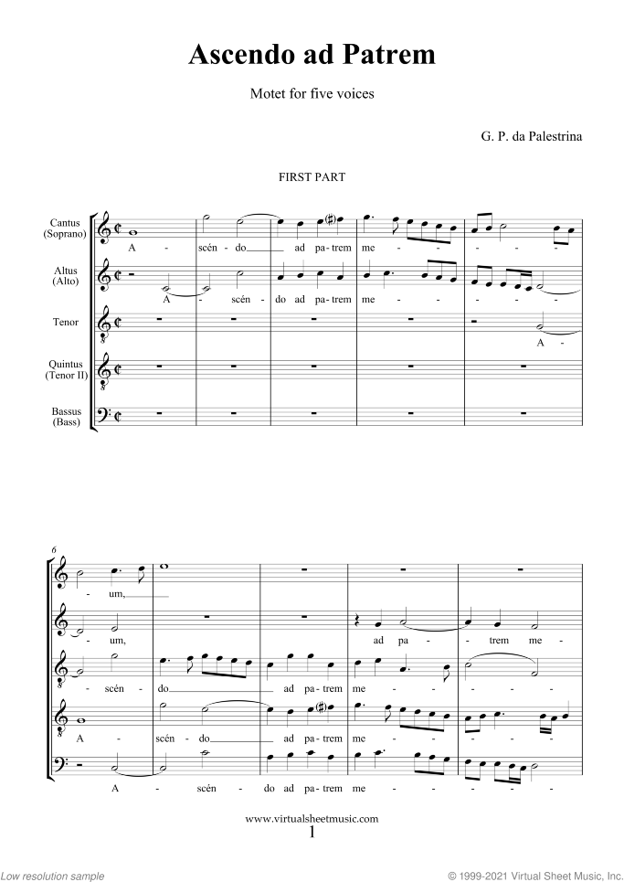 Ascendo ad Patrem (COMPLETE) sheet music for five voices or choir by Giovanni Perluigi Da Palestrina, classical score, intermediate skill level