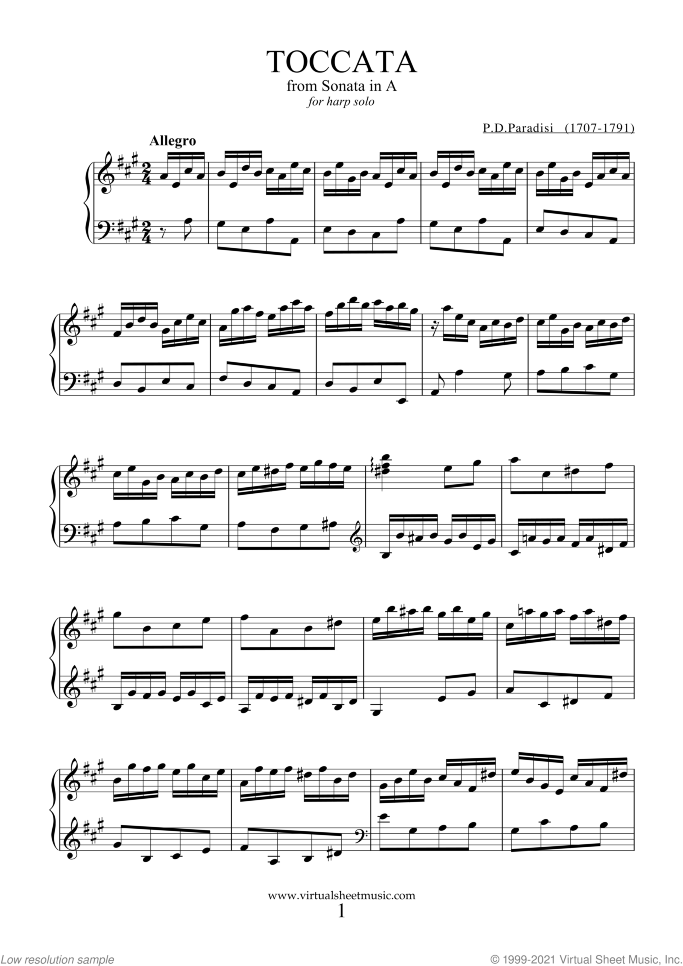 Toccata sheet music for harp solo by Pietro Domenico Paradisi, classical score, easy skill level