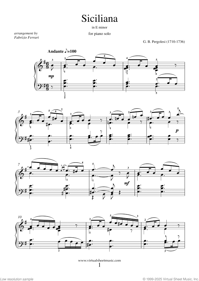 Siciliana in E minor sheet music for piano solo by Giovanni Battista Pergolesi, classical score, intermediate skill level
