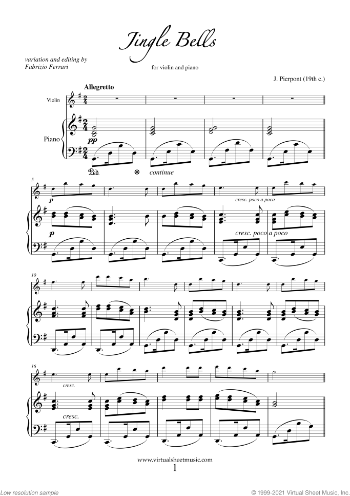 Advanced Jingle Bells sheet music for violin and piano by James Pierpont, advanced skill level