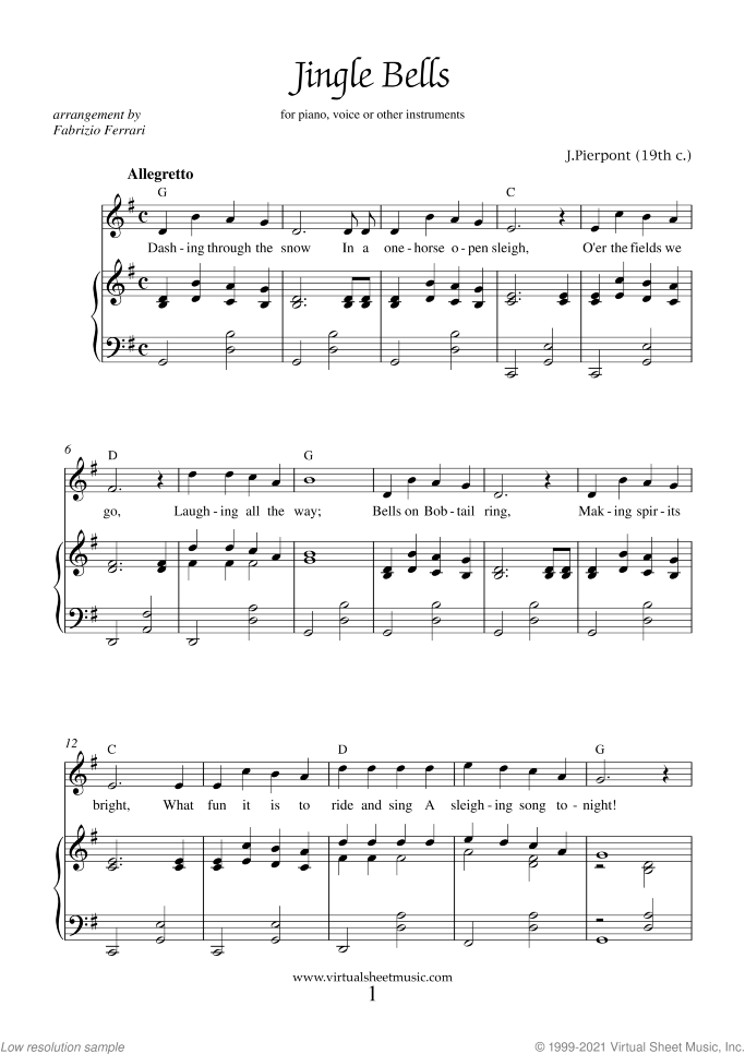 Jingle Bells sheet music for piano, voice or other instruments by James Pierpont, easy skill level
