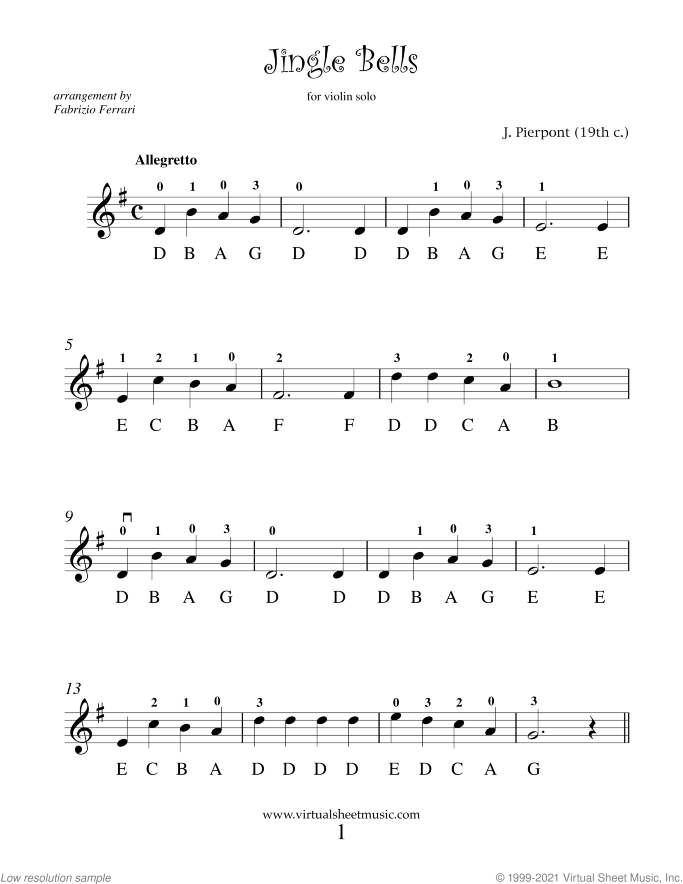 Jingle Bells sheet music for violin solo by James Pierpont, beginner skill level