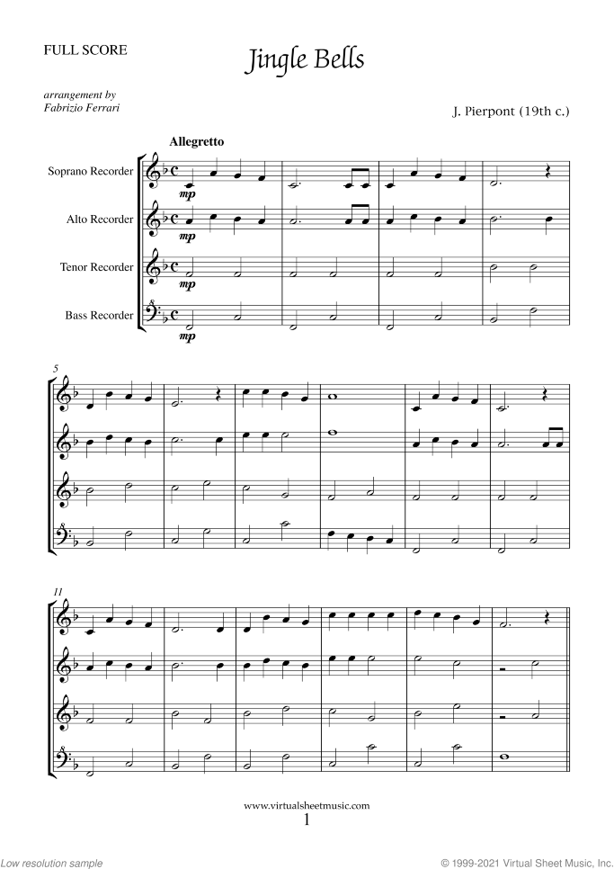 Jingle Bells sheet music for recorder quartet by James Pierpont, easy skill level