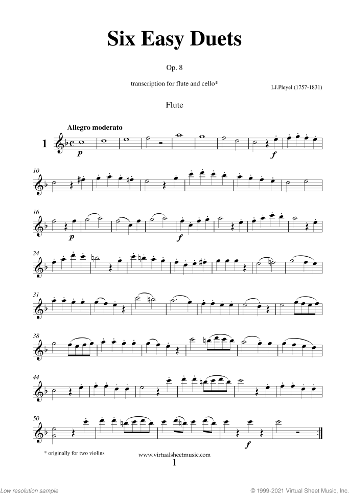 Six Easy Duets Op.8 sheet music for flute and cello by Ignaz Joseph Pleyel, classical score, easy duet