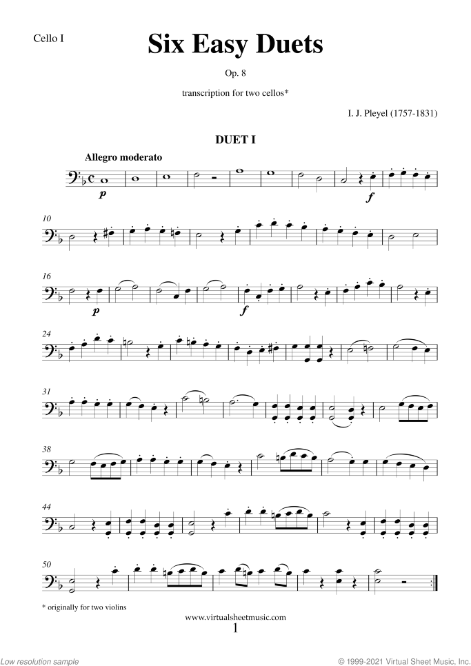 Six Easy Duets Op.8 sheet music for two cellos by Ignaz Joseph Pleyel, classical score, easy duet