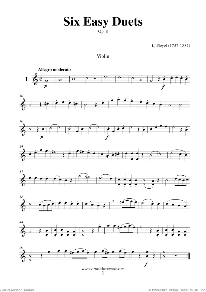 Six Easy Duets Op.8 sheet music for violin and viola by Ignaz Joseph Pleyel, classical score, easy duet