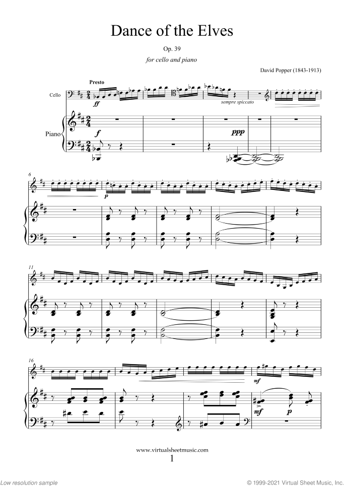 Dance of the Elves Op.39 sheet music for cello and piano by David Popper, classical score, advanced skill level